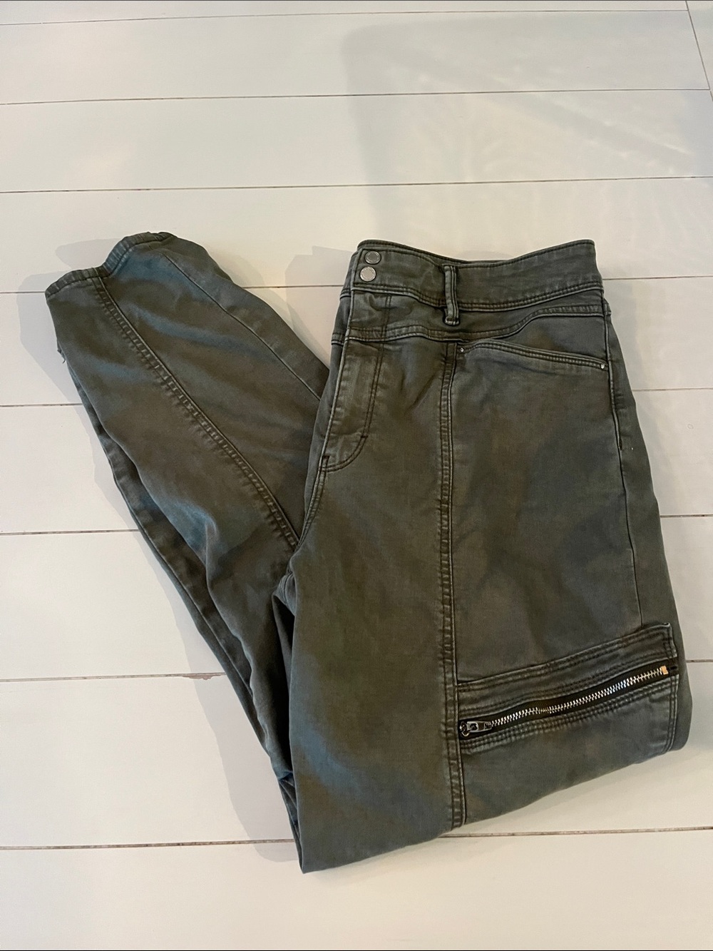 White House Black Market Olive Green Skinny Jeans with Zip Detail